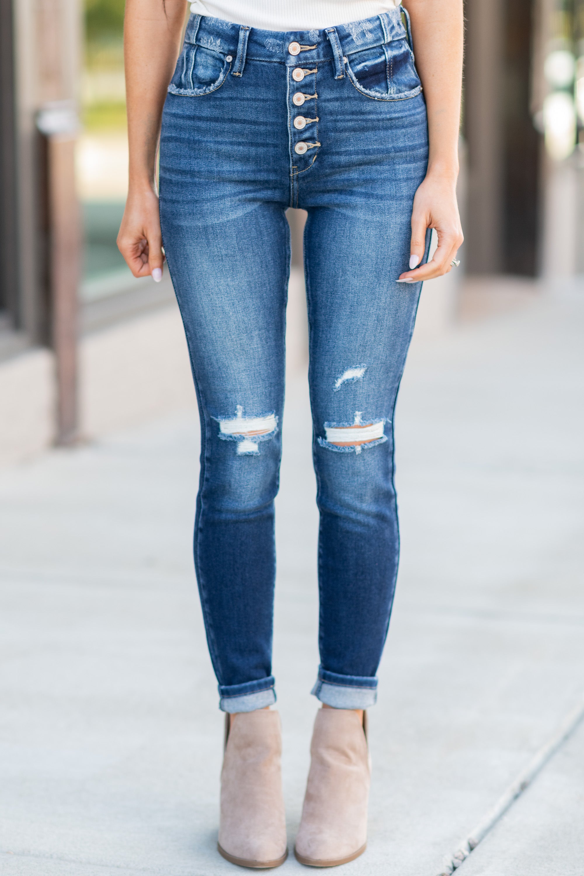 Known Perfection Dark Wash High Rise Distressed Je...