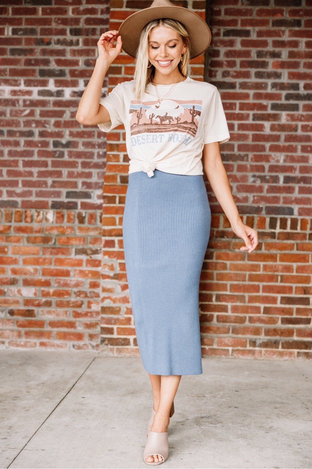 Denim Blue Ribbed Midi Skirt